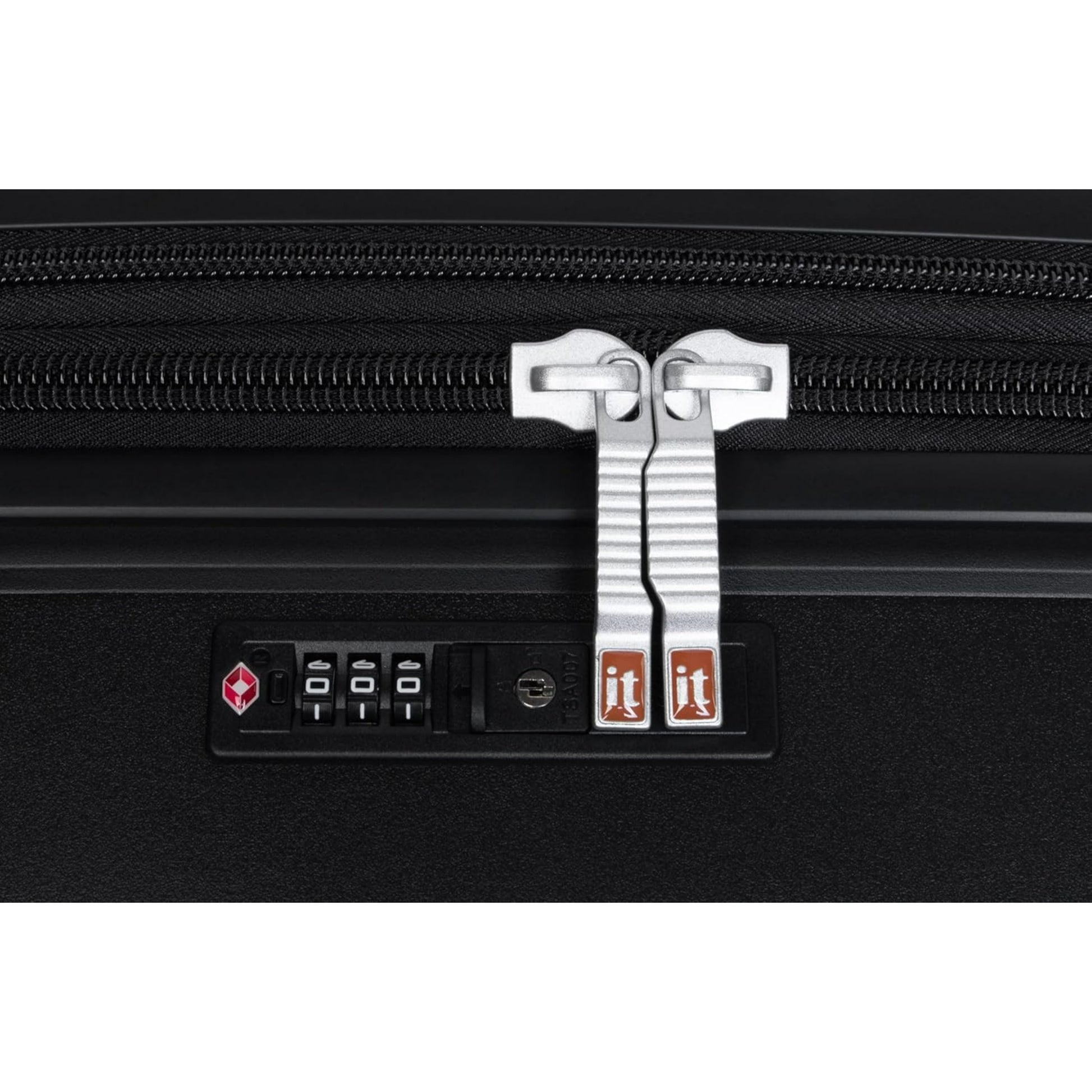 Black large luggage trolley with a silver combination lock on a white background