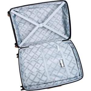 Open luggage trolley with geometric pattern on a white background