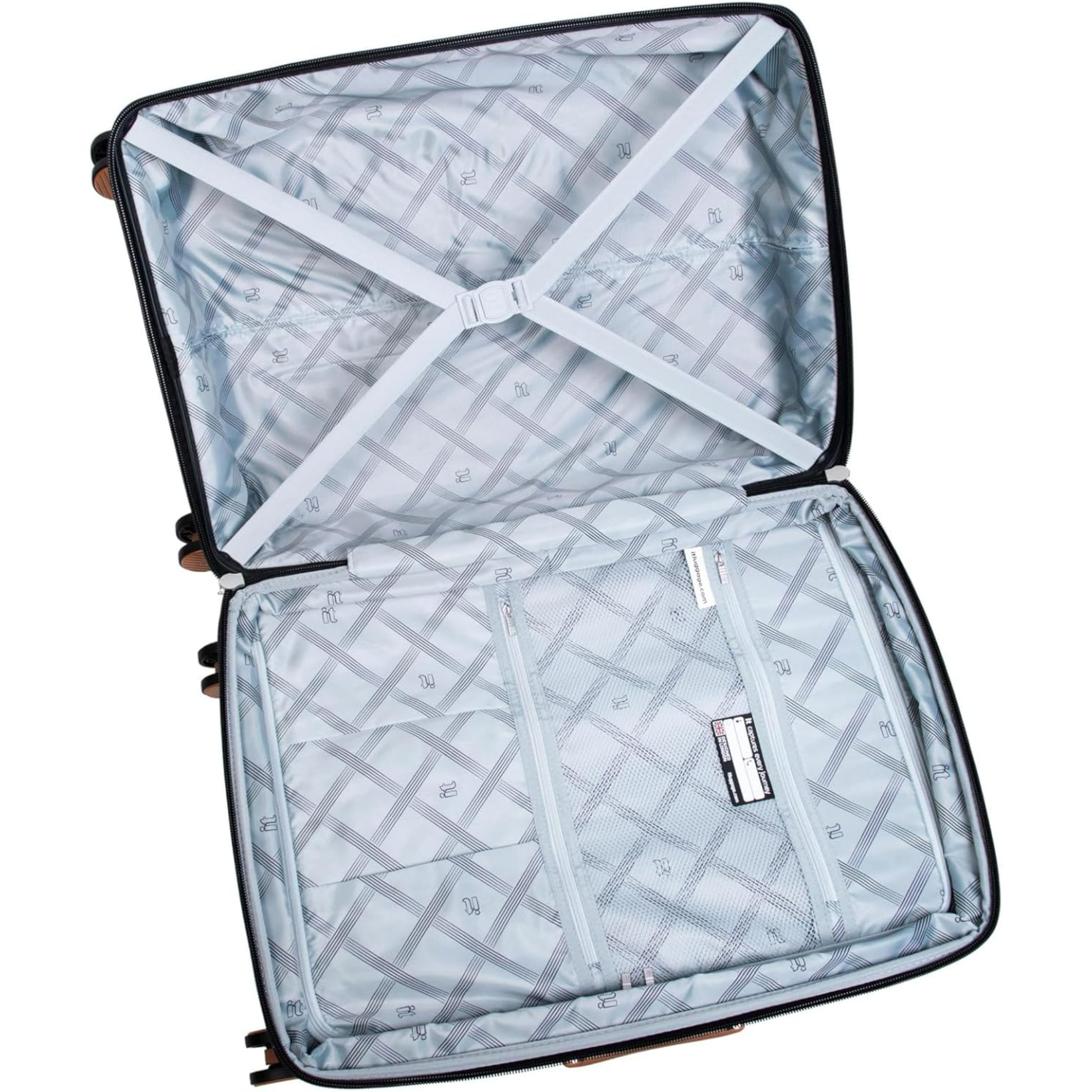 Open luggage trolley with geometric pattern on a white background
