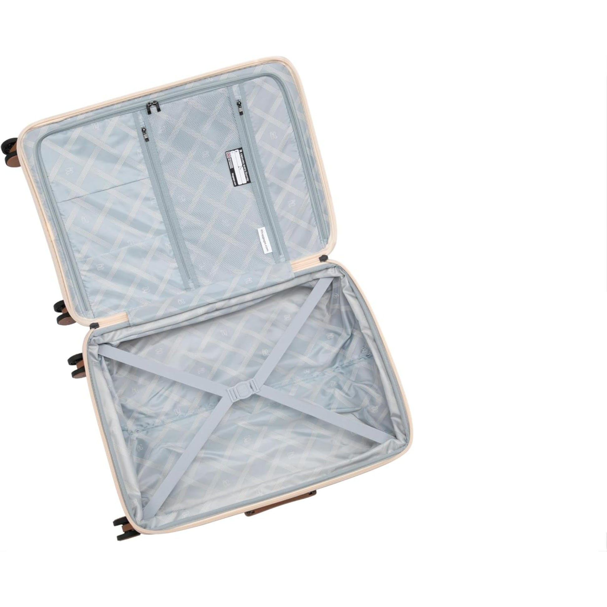 Open beige luggage check large with a white interior on a white background