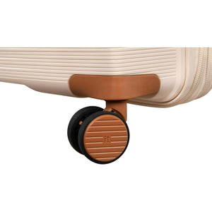 Close-up of a checked bag wheel on a white background