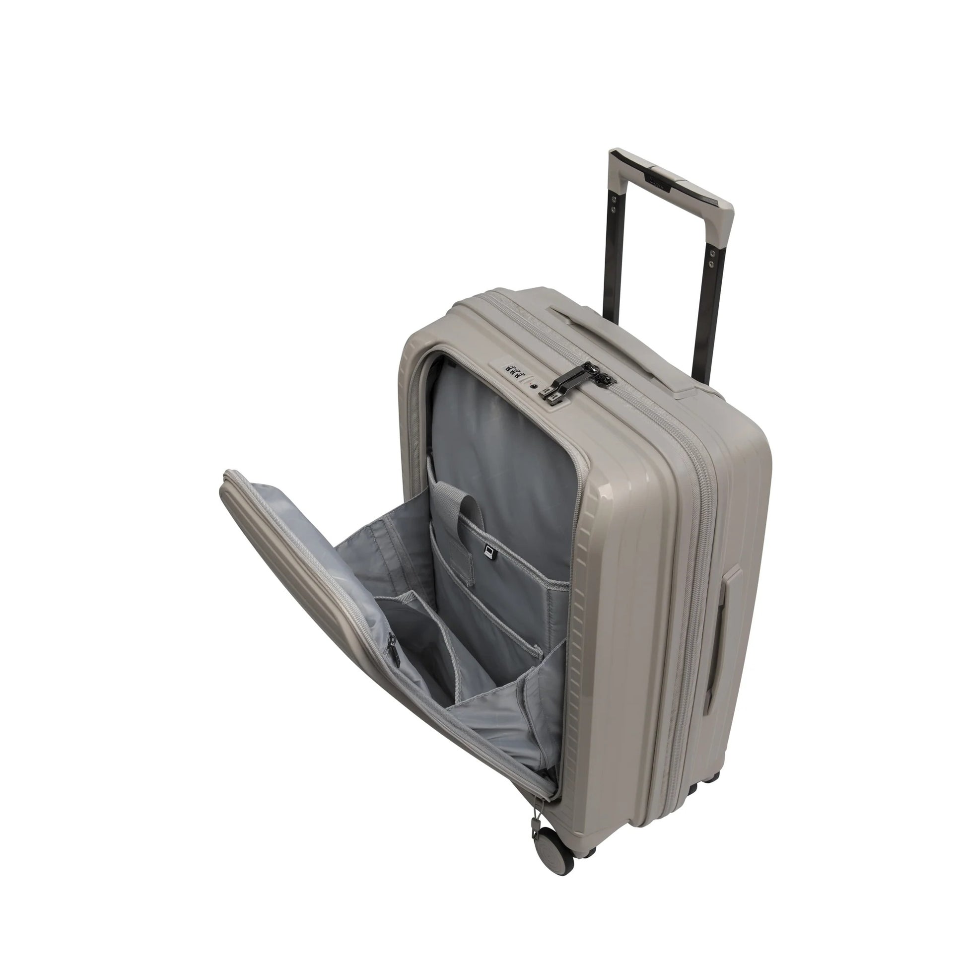 Beige suitcase with open compartment on a white background
