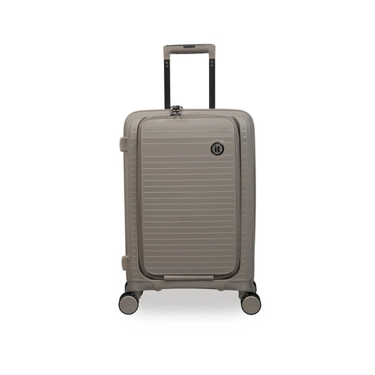 Brown suitcase with wheels on a white background