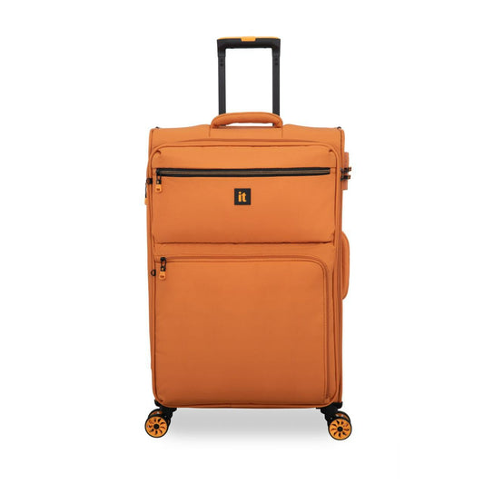 Orange checked bag with a visible brand logo on a white background