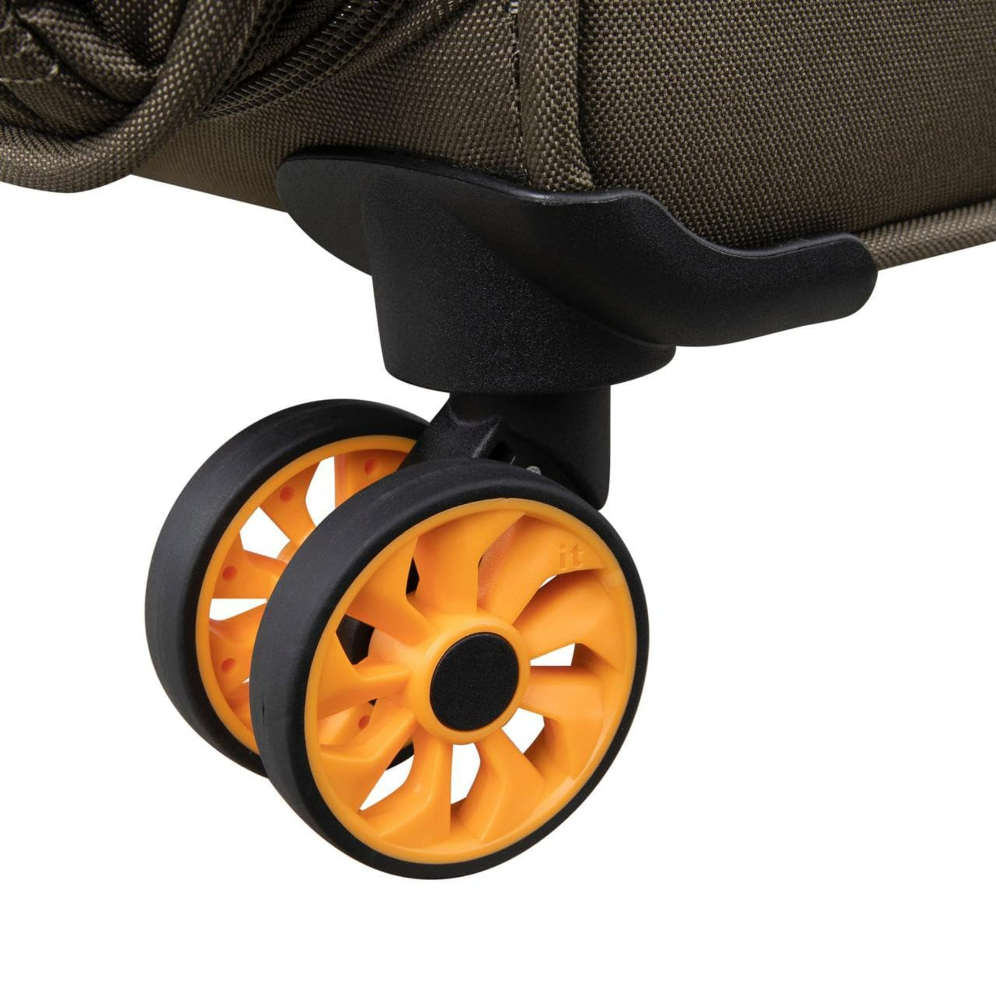 Close-up of a travel bag for men
wheel with orange tire and black rim on a white background