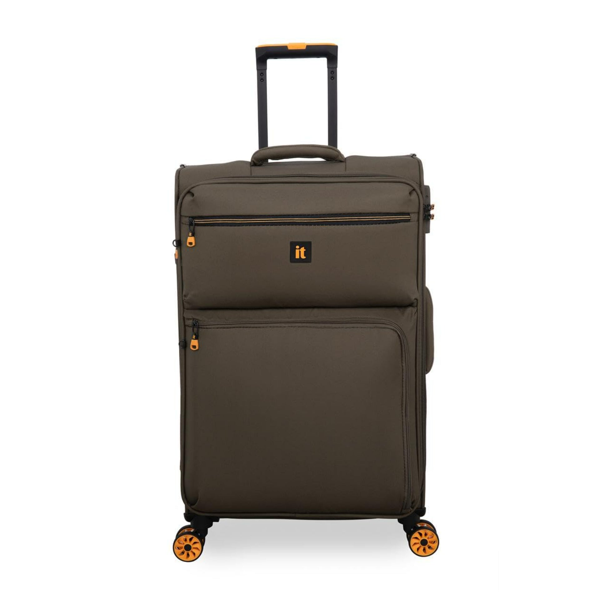 Brown luggage with wheels and handle on a white background