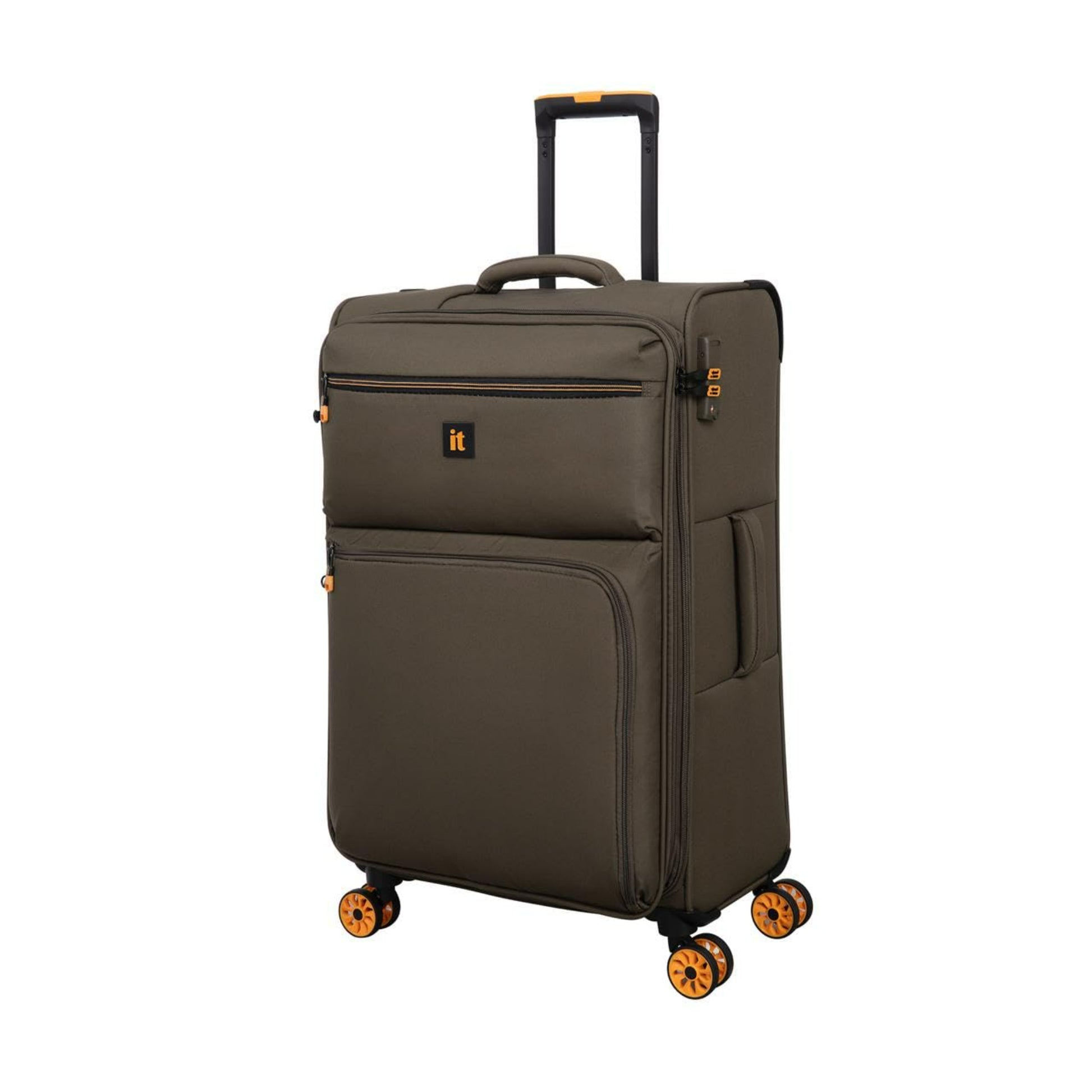 Brown luggage with wheels on a white background
