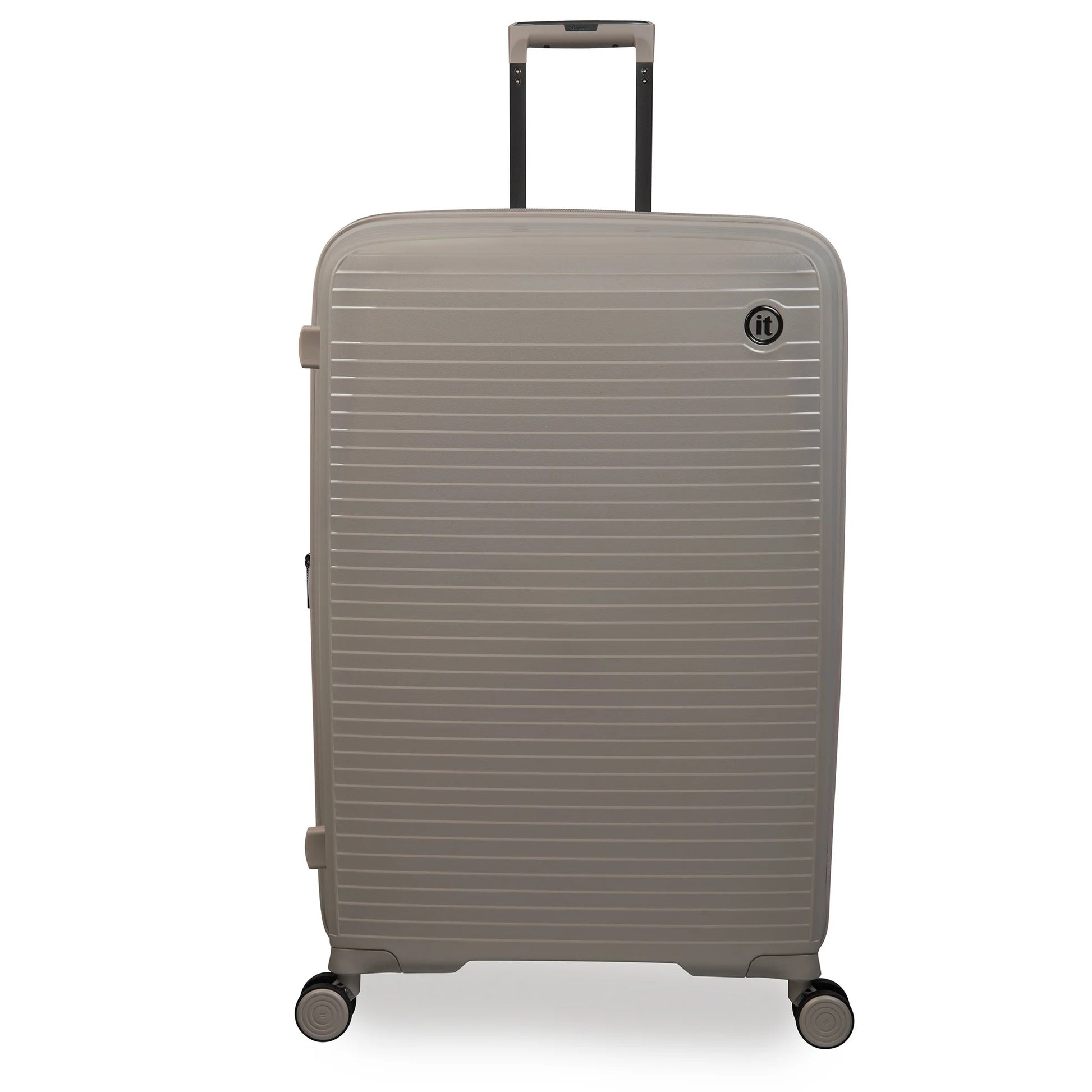 Beige medium luggage
with a brand logo on a white background