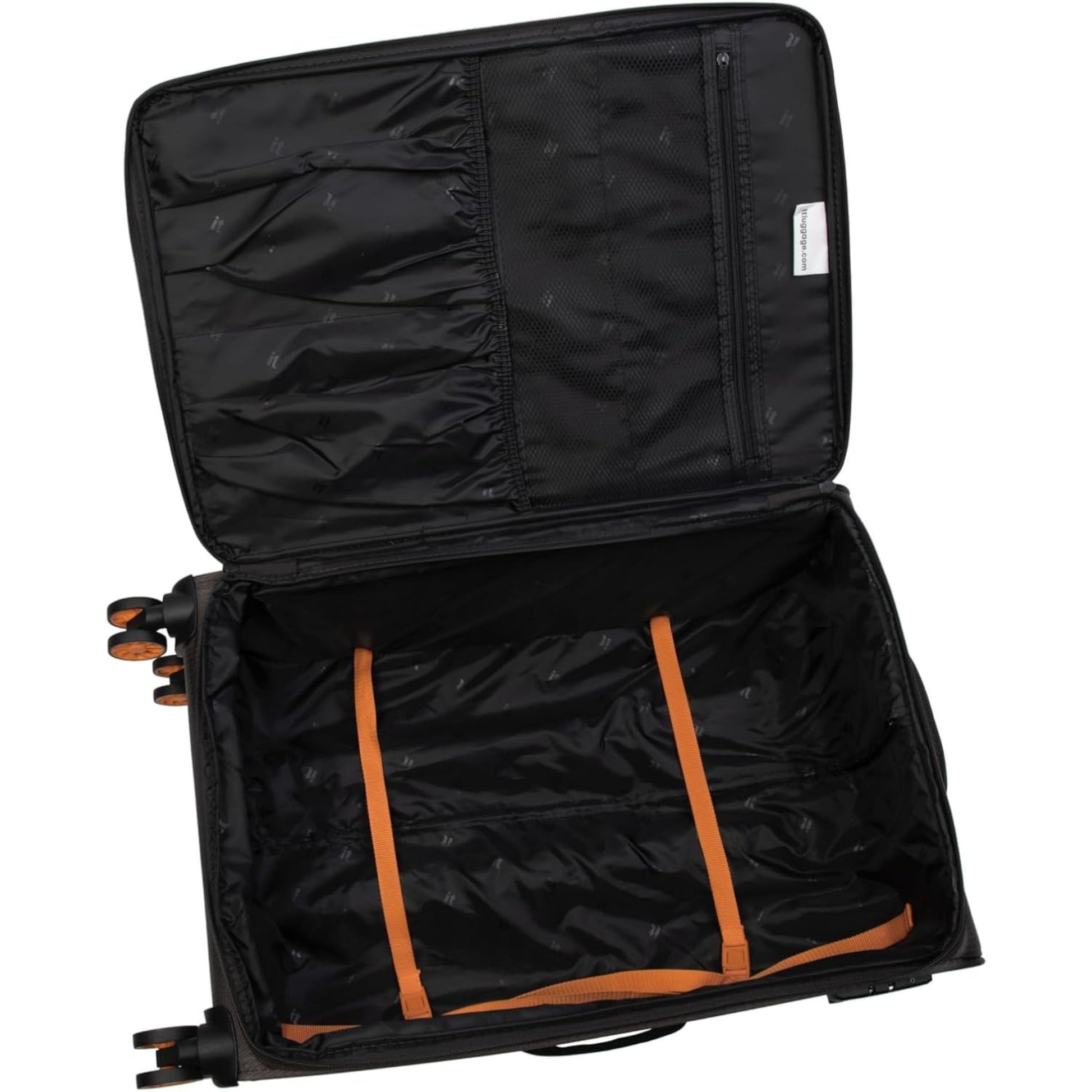 Black suitcase with orange accents on a white background