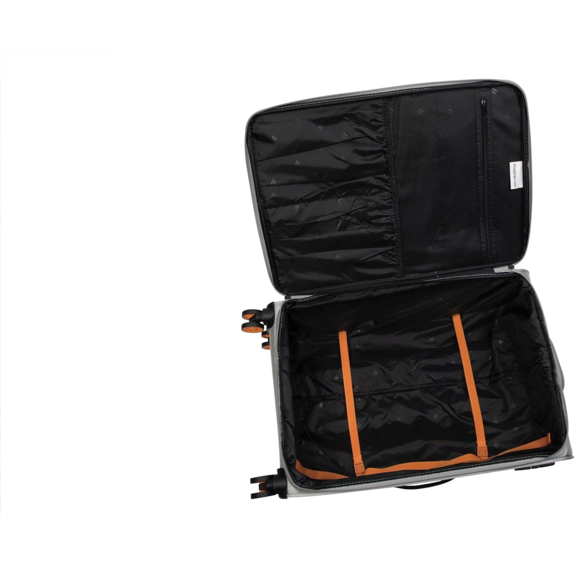 Black open it luggage suitcase with orange accents on a white background