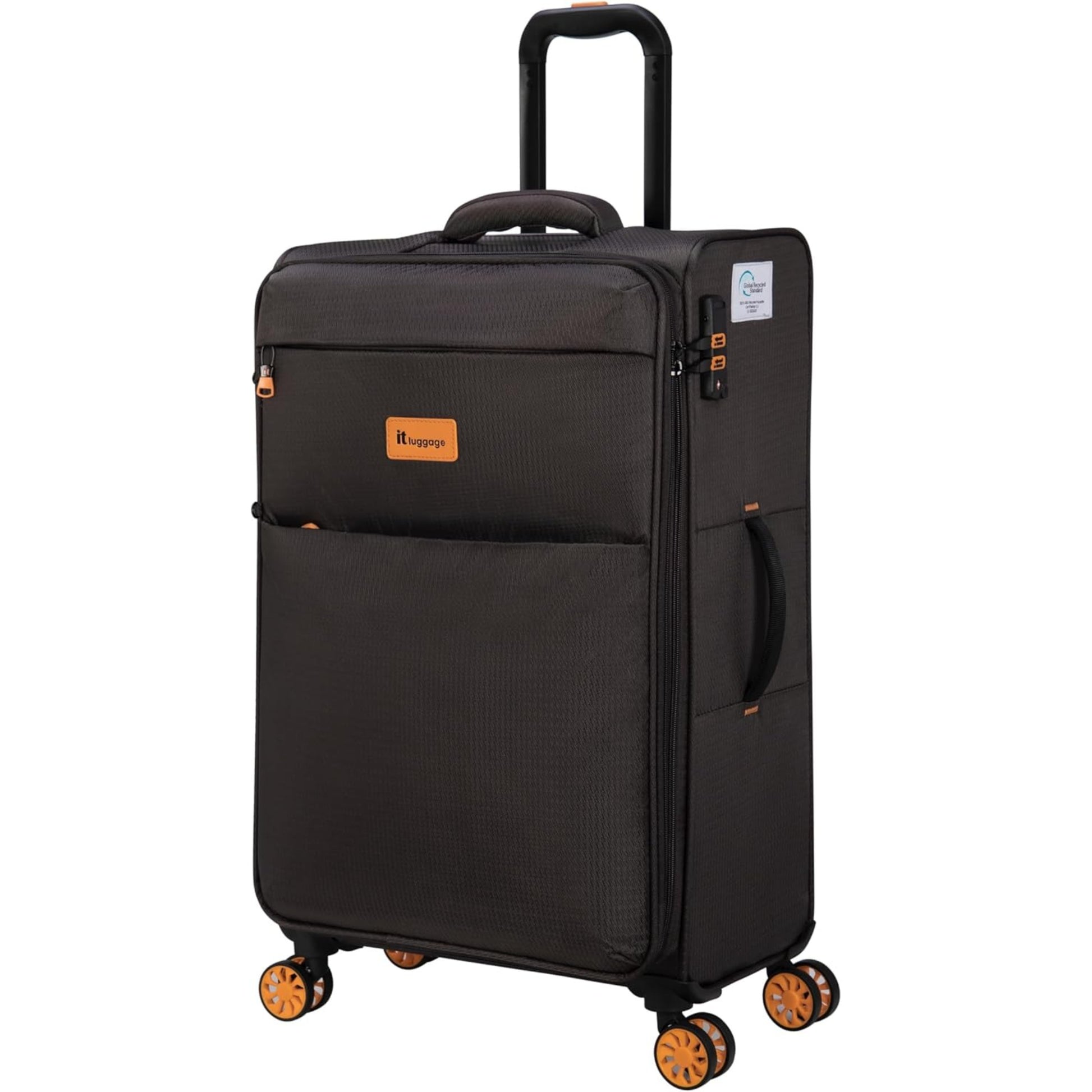 it luggage Black suitcase with orange wheels on a white background