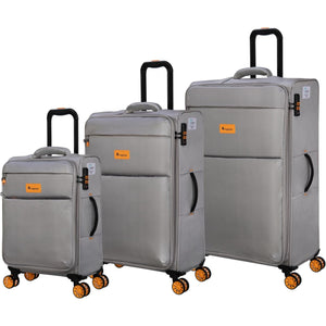 Set of 3 it luggage gray suitcases with orange labels on a white background