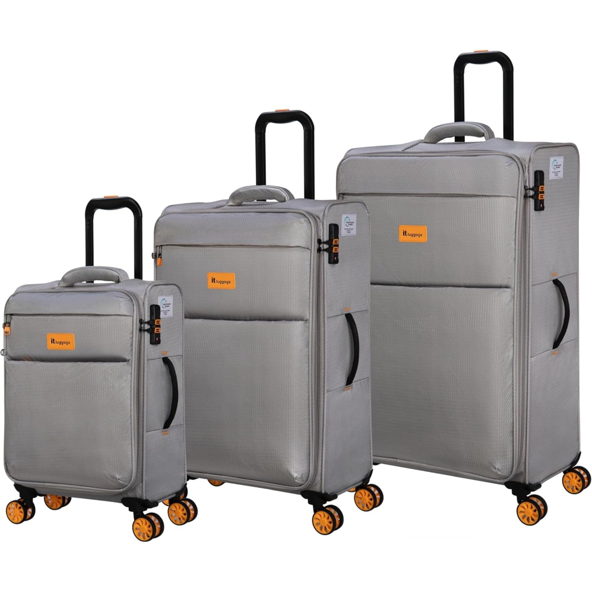 Set of 3 it luggage gray suitcases with orange labels on a white background