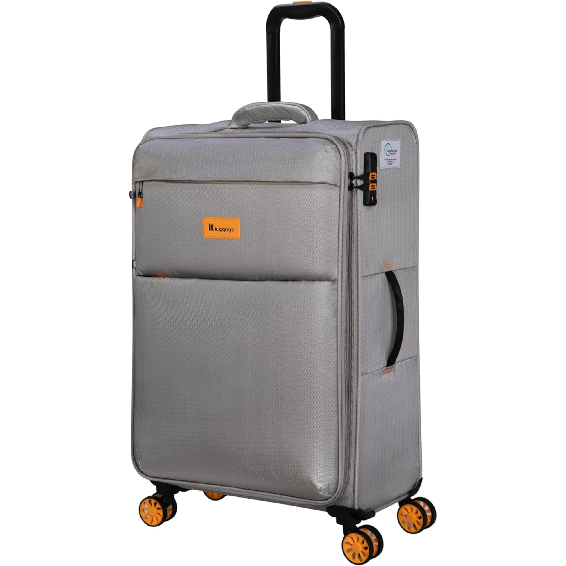 Gray it luggage suitcase with orange wheels on a white background