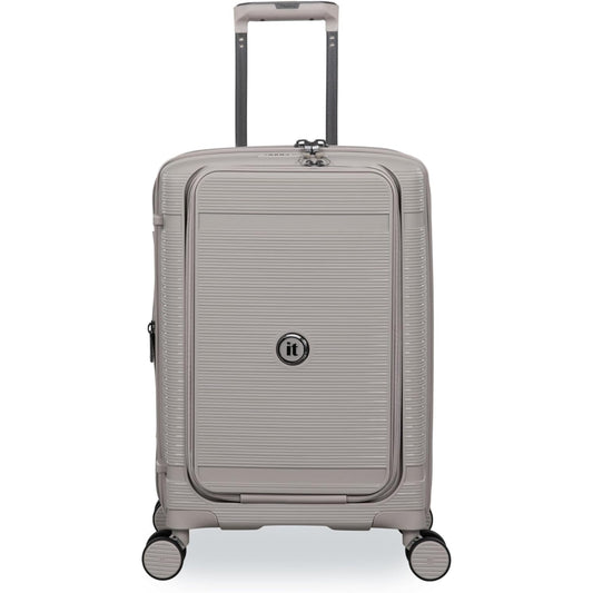 Gray hand luggage with a brand logo on a white background