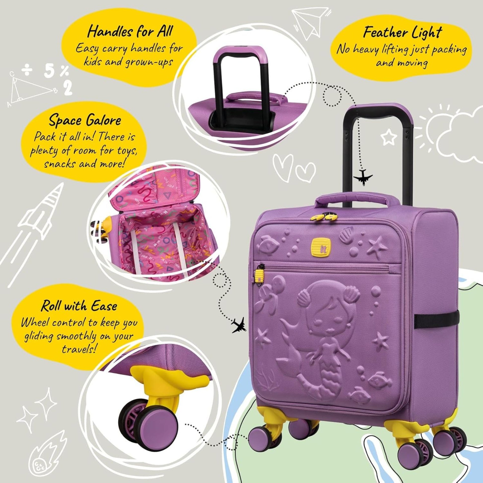 Purple children's suitcase with mermaid design on a gray background with text highlighting features buy at suitcases.ae