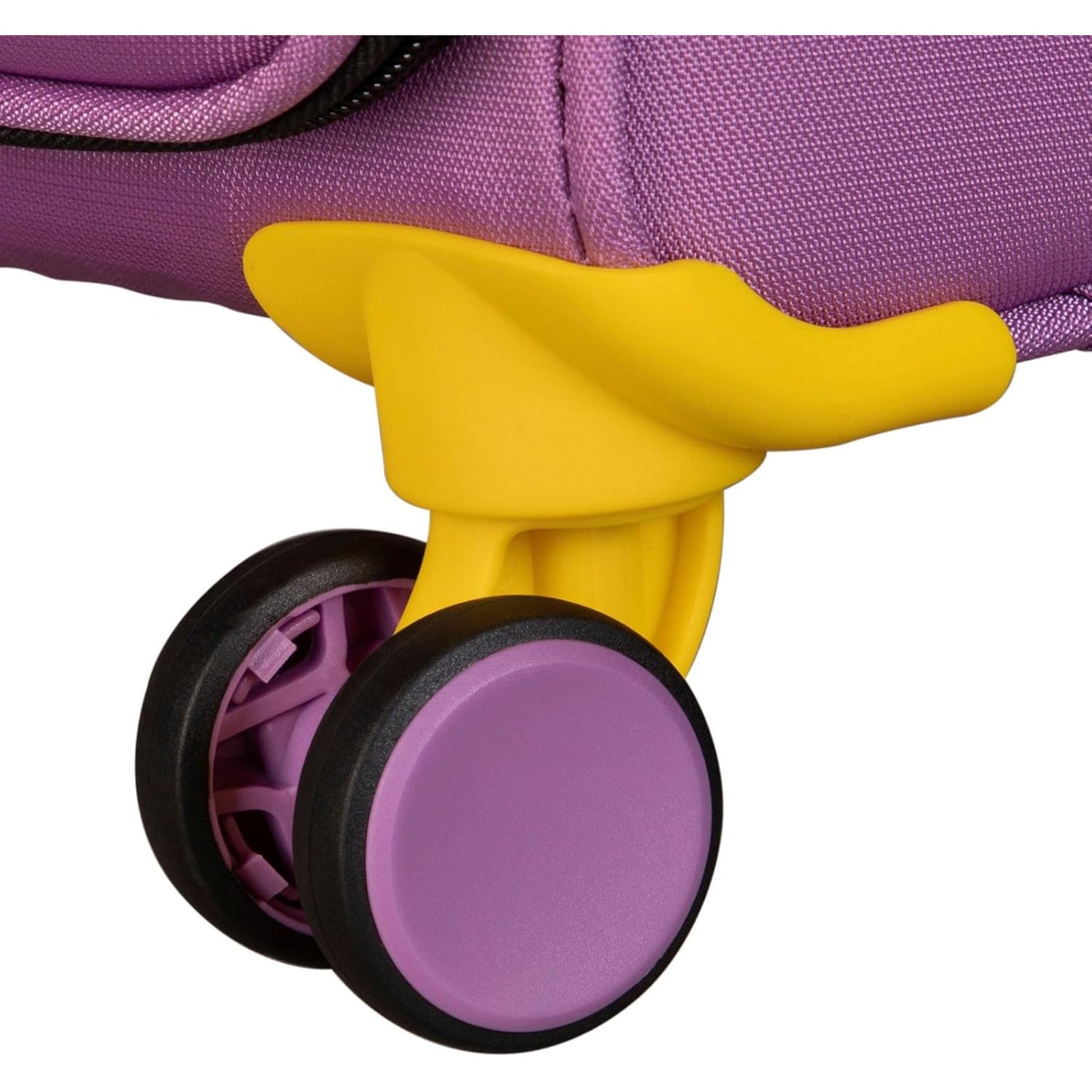 Close-up of a purple bag with a yellow handle and purple wheel on a white background buy at suitcases.ae