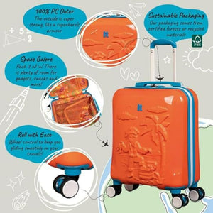Orange suitcase with blue accents on a gray background with text about features
