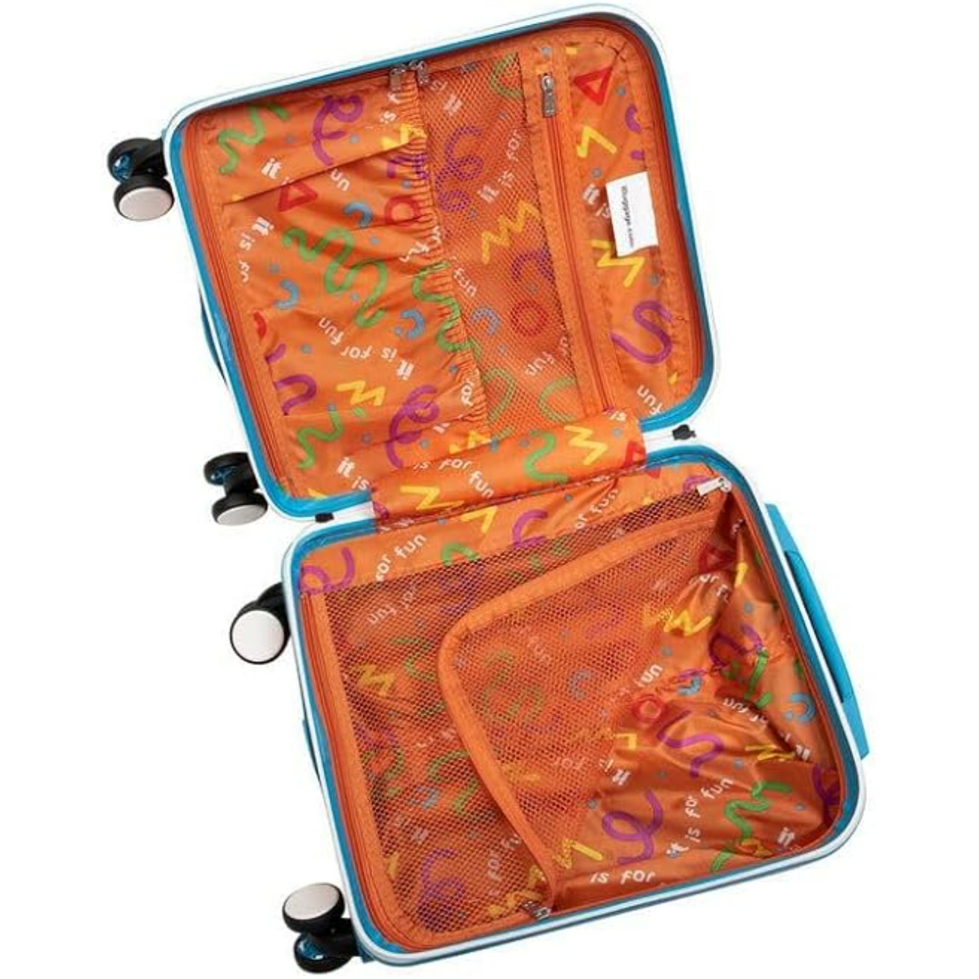 Orange suitcase with colorful letter patterns on a white background