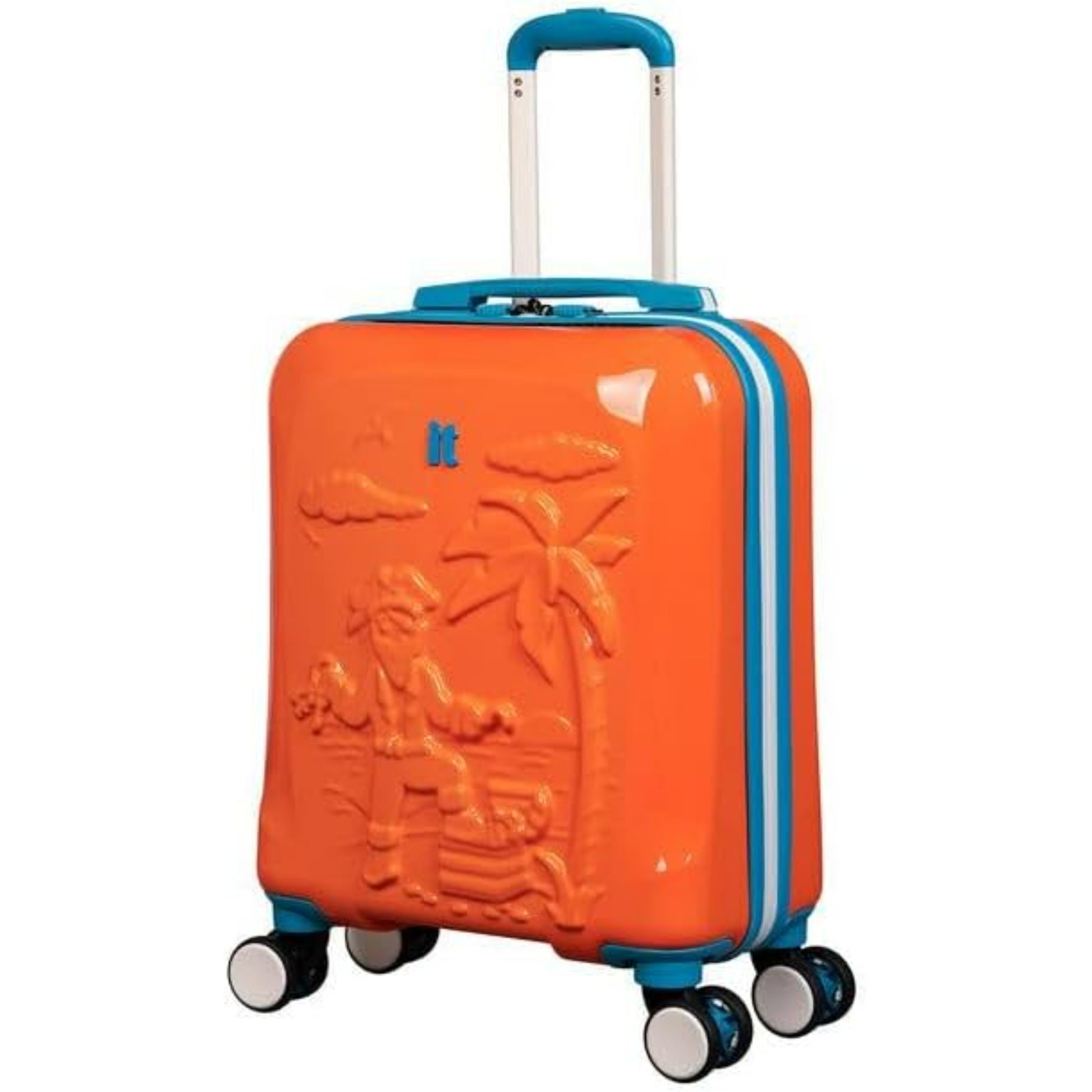Orange suitcase with tropical design and blue handle on a white background