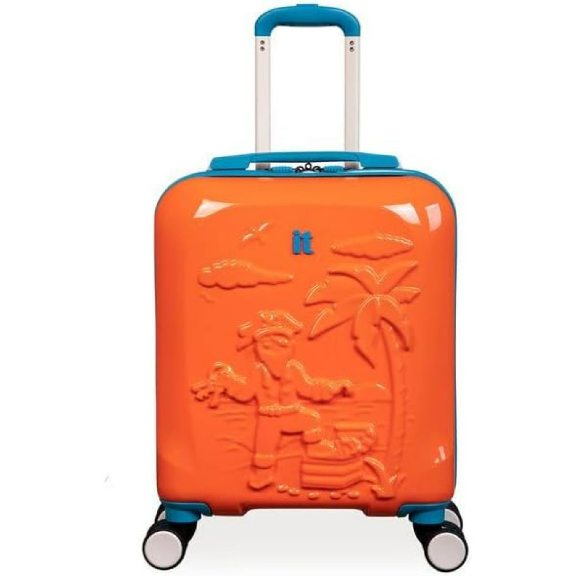 Orange suitcase with tropical design and blue handle on a white background