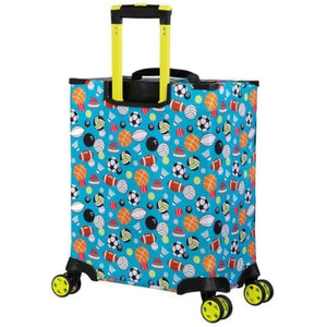 Colorful shopping cart with sports-themed design on a white background