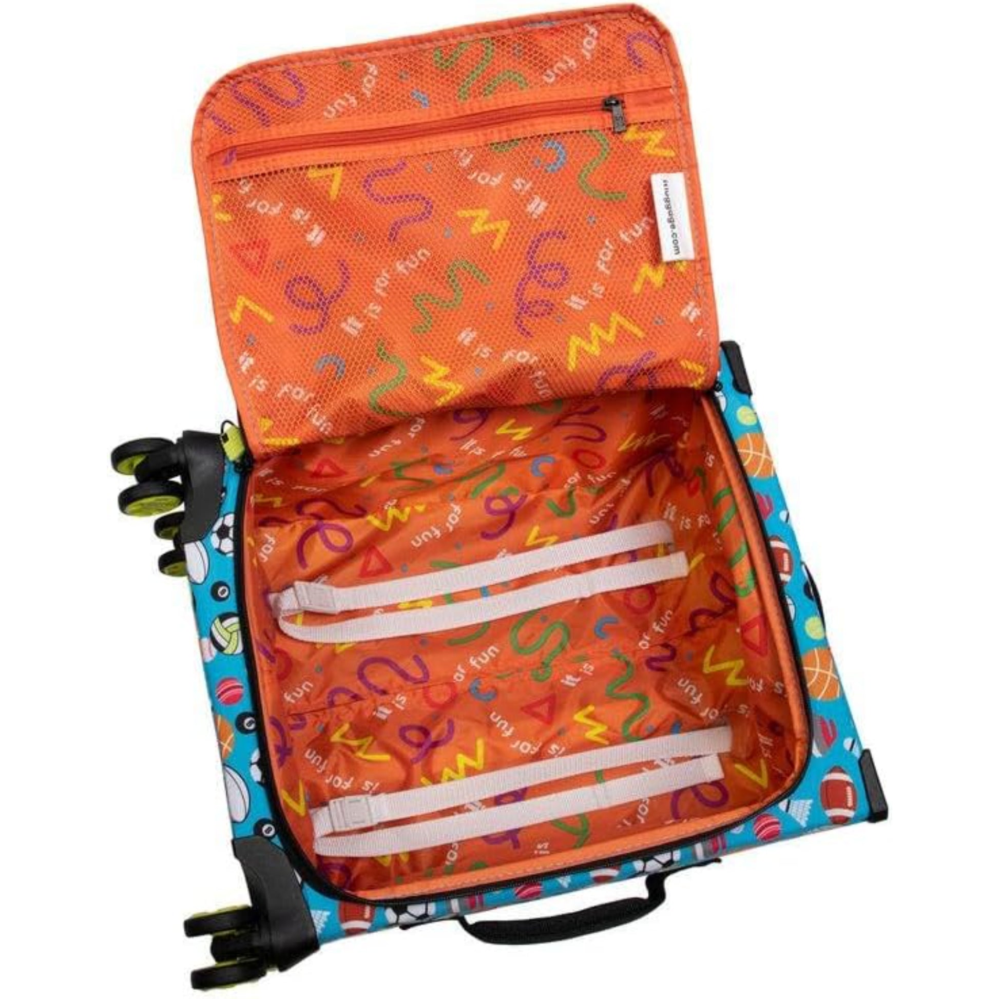 Colorful suitcase with cartoon character design on a white background