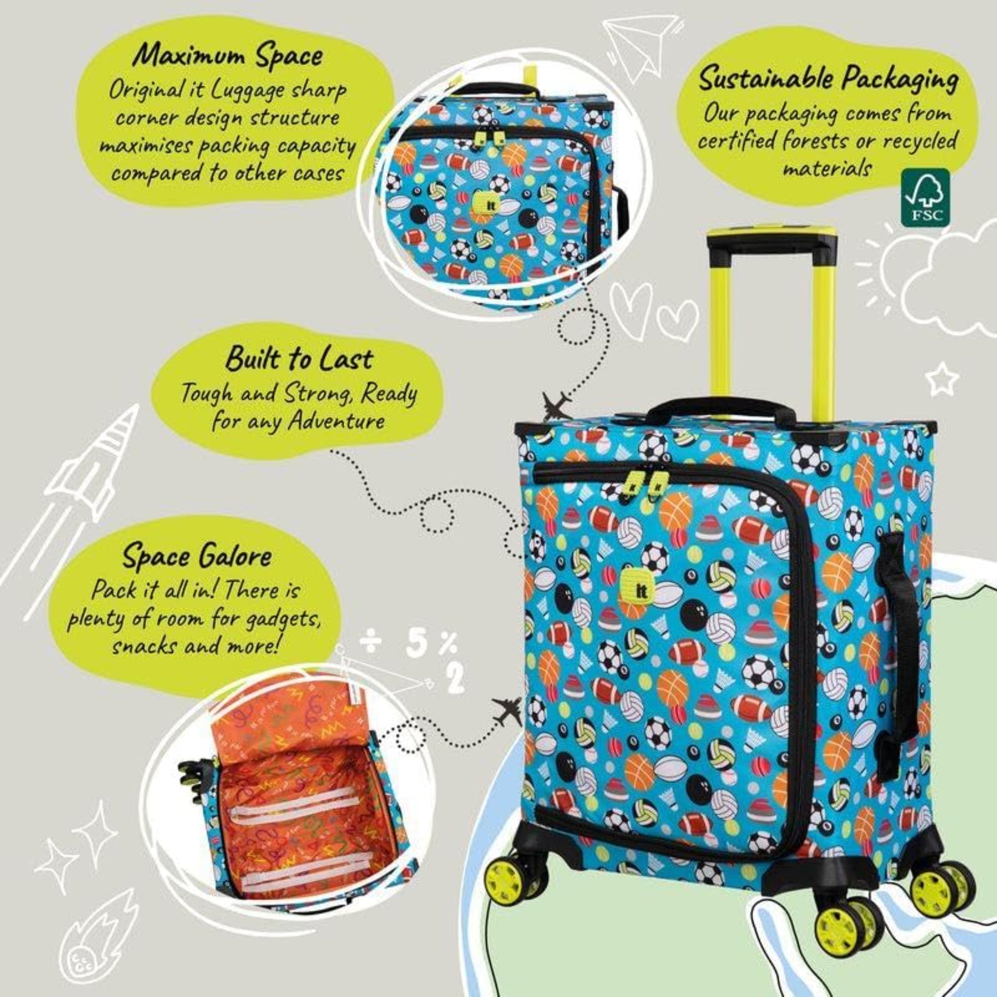 Colorful suitcase with patterns and text highlighting features on a light gray background