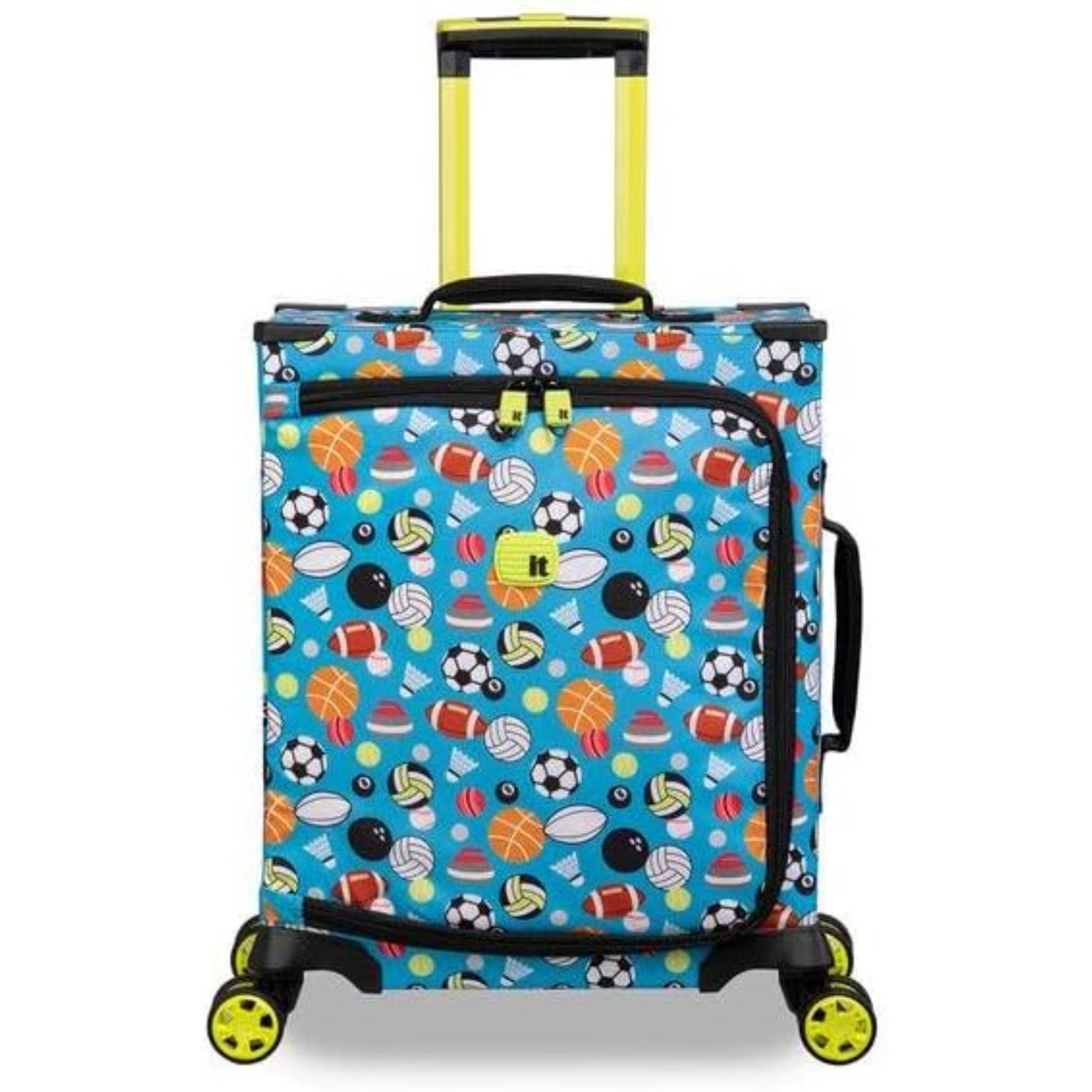 Colorful suitcase with sports ball pattern on a white background