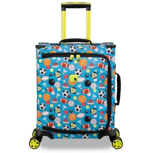 Colorful suitcase with sports ball pattern on a white background