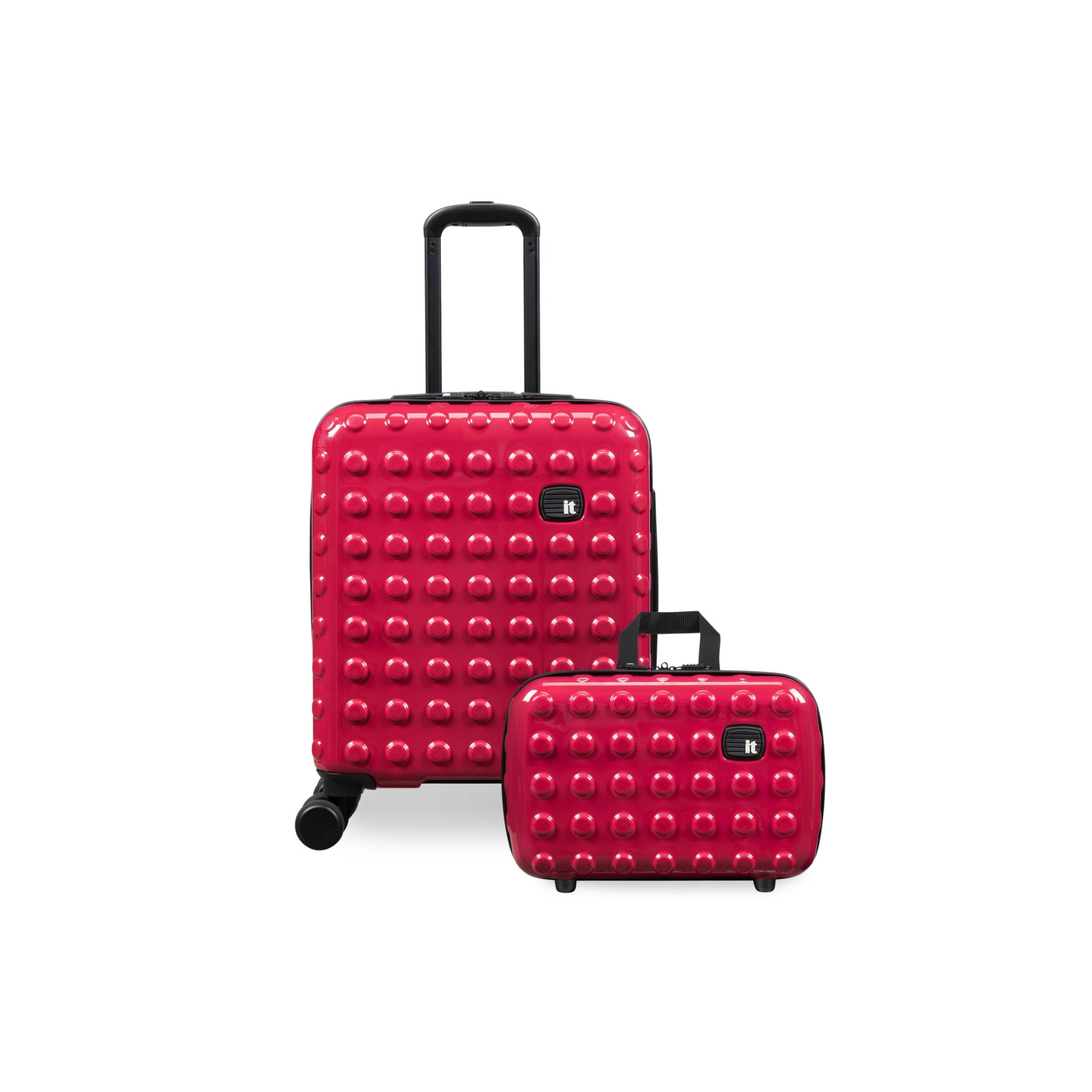 Two red textured suitcases on a white background