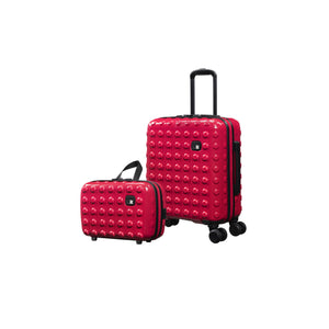 Red textured suitcase and matching travel pouch on a white background