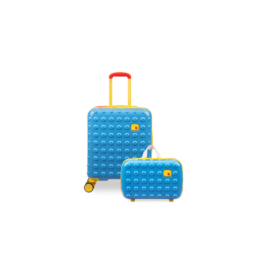 Blue textured suitcase with yellow accents on a white background