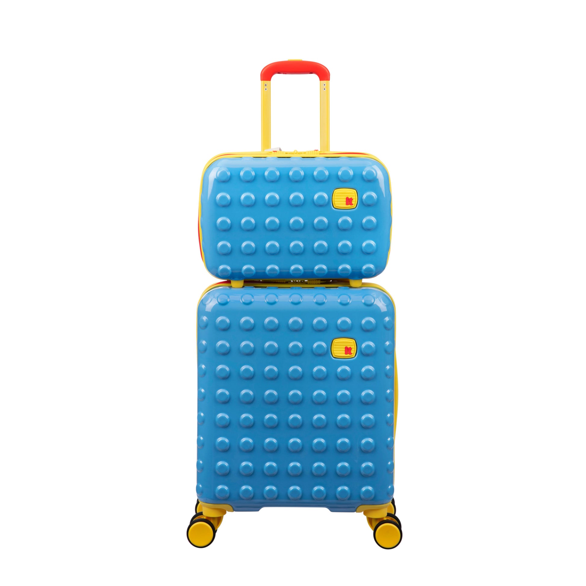 Blue textured suitcase with yellow accents on a white background
