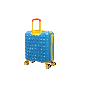 Blue suitcase with a textured surface and yellow handle on a white background