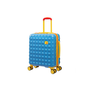 Blue suitcase with yellow wheels and a red handle on a white background