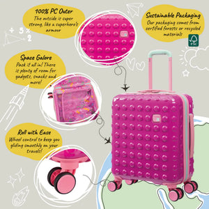 Pink suitcase with text highlighting features on a light gray background