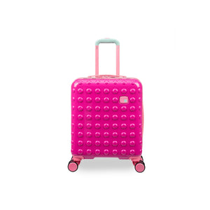 Pink suitcase with block design on a white background