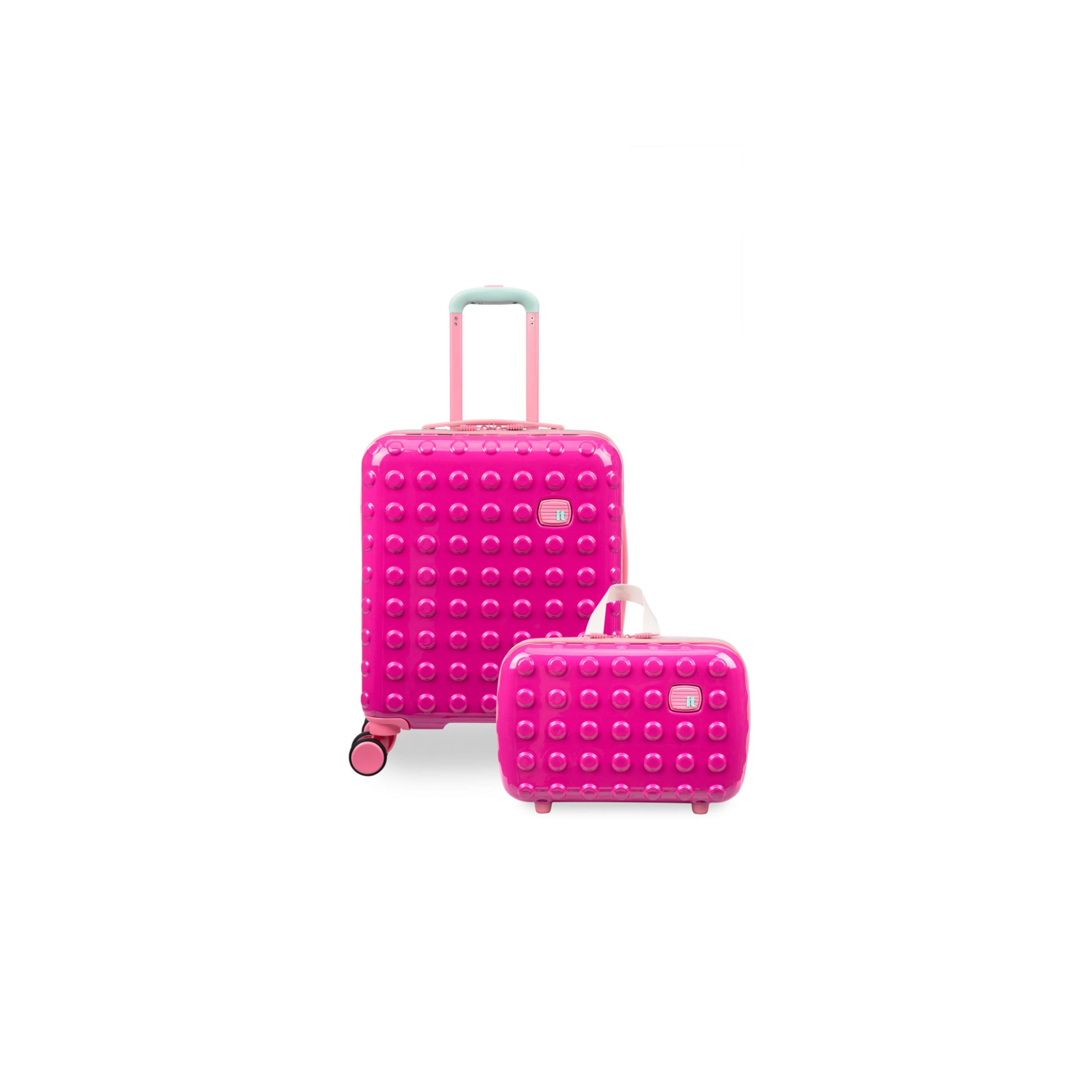 Two pink suitcases with block design on a white background