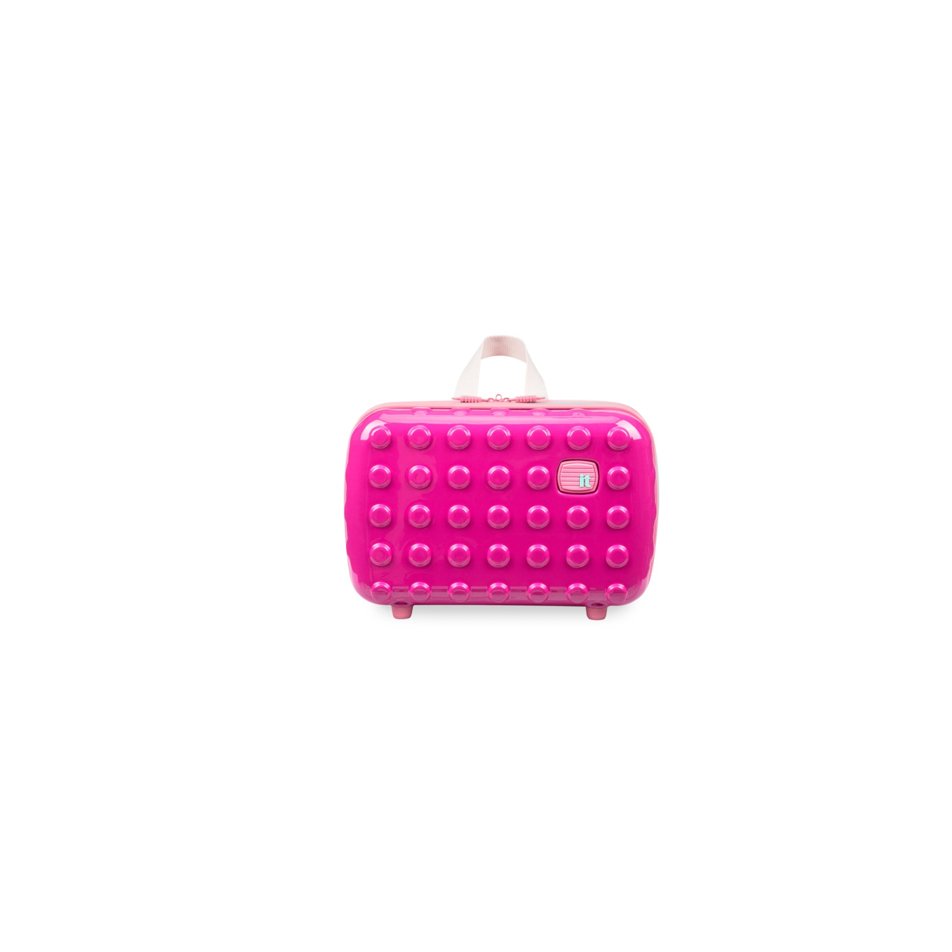 Pink suitcase with a block design on a white background