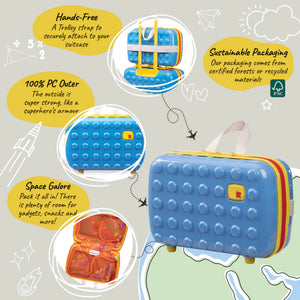 Blue suitcase with colorful accents and features highlighted on a light gray background