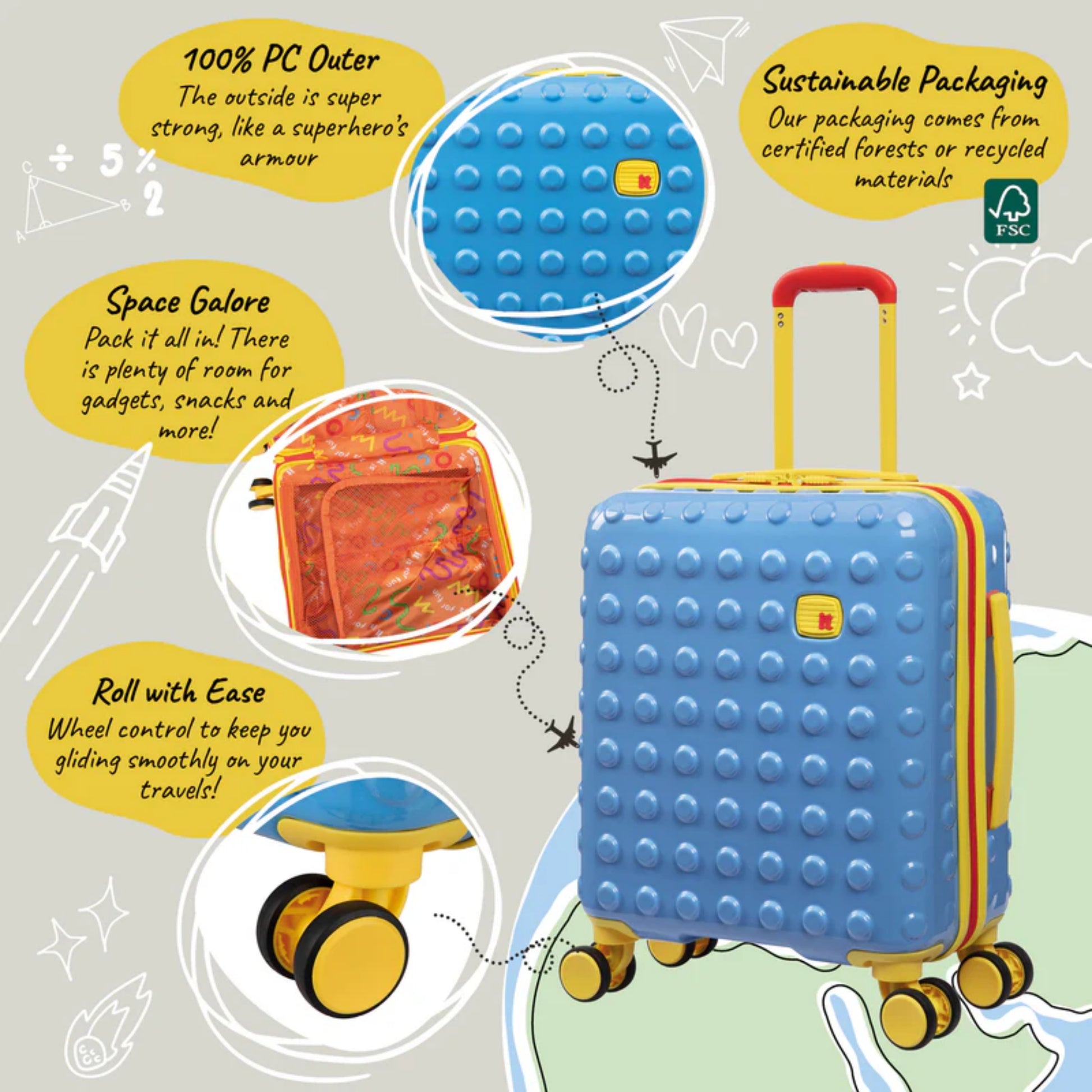 Blue suitcase with yellow accents on a gray background with text about features