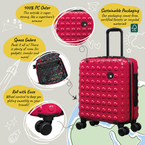 Pink suitcase with text highlighting features on a light gray background