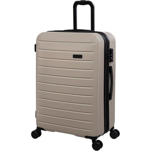 Beige suitcase with black handle and wheels on a white background