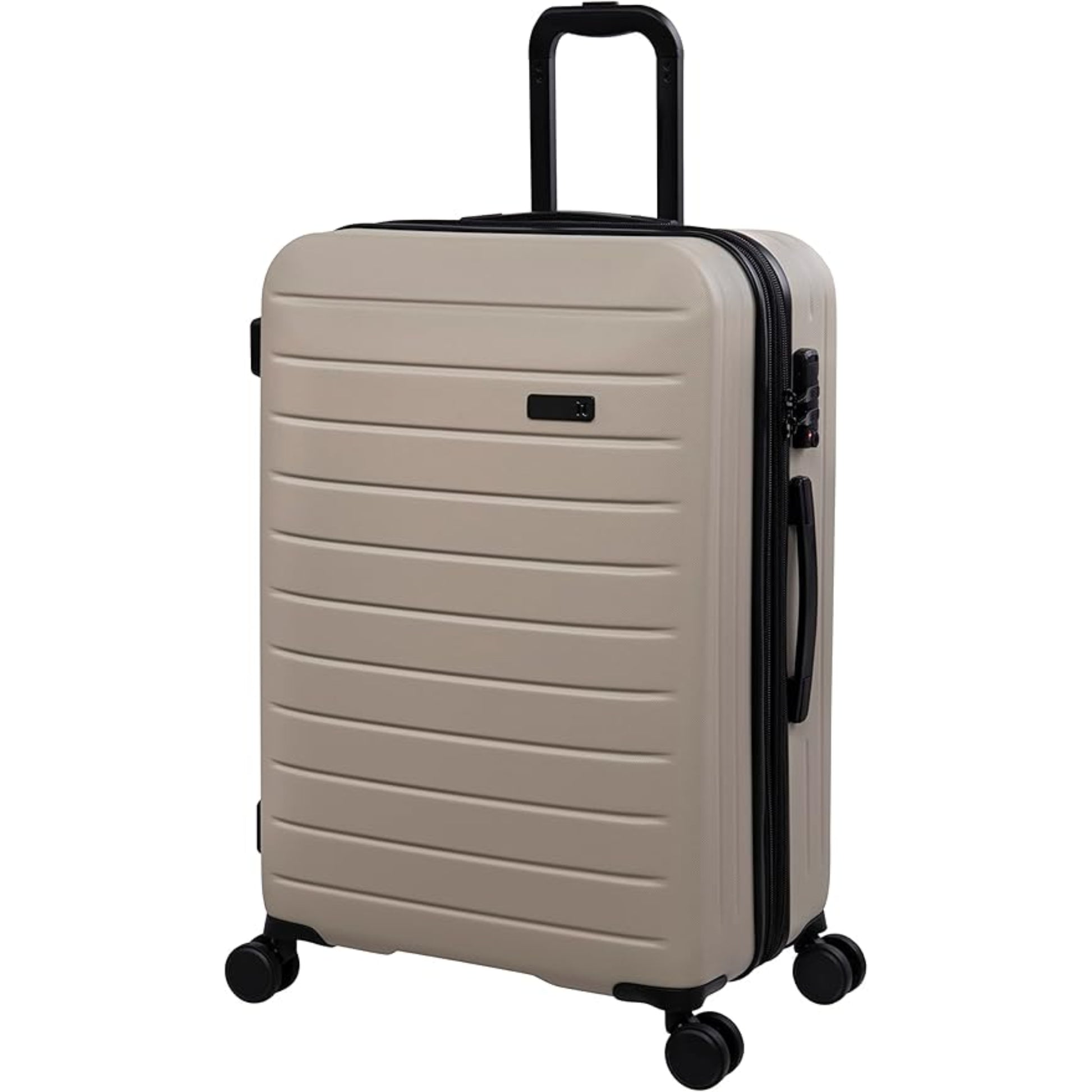 Beige suitcase with black handle and wheels on a white background