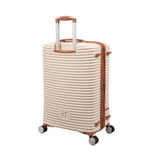 Beige suitcase with brown accents on a white background