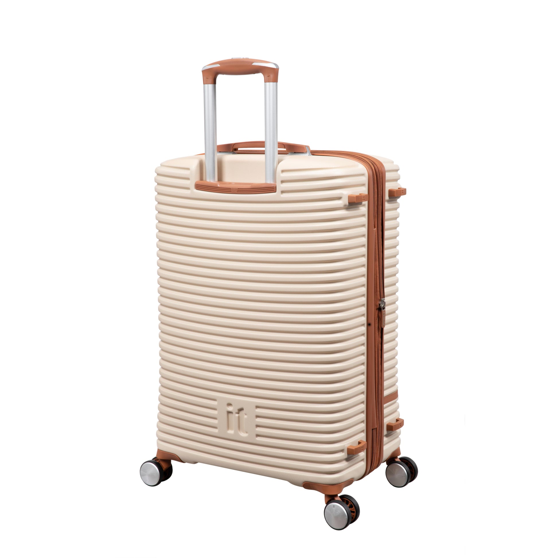 Beige suitcase with brown accents on a white background