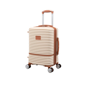 Beige suitcase with brown accents on a white background