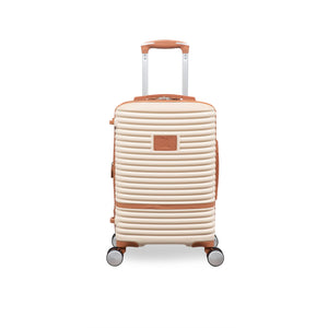 Beige suitcase with brown accents on a white background