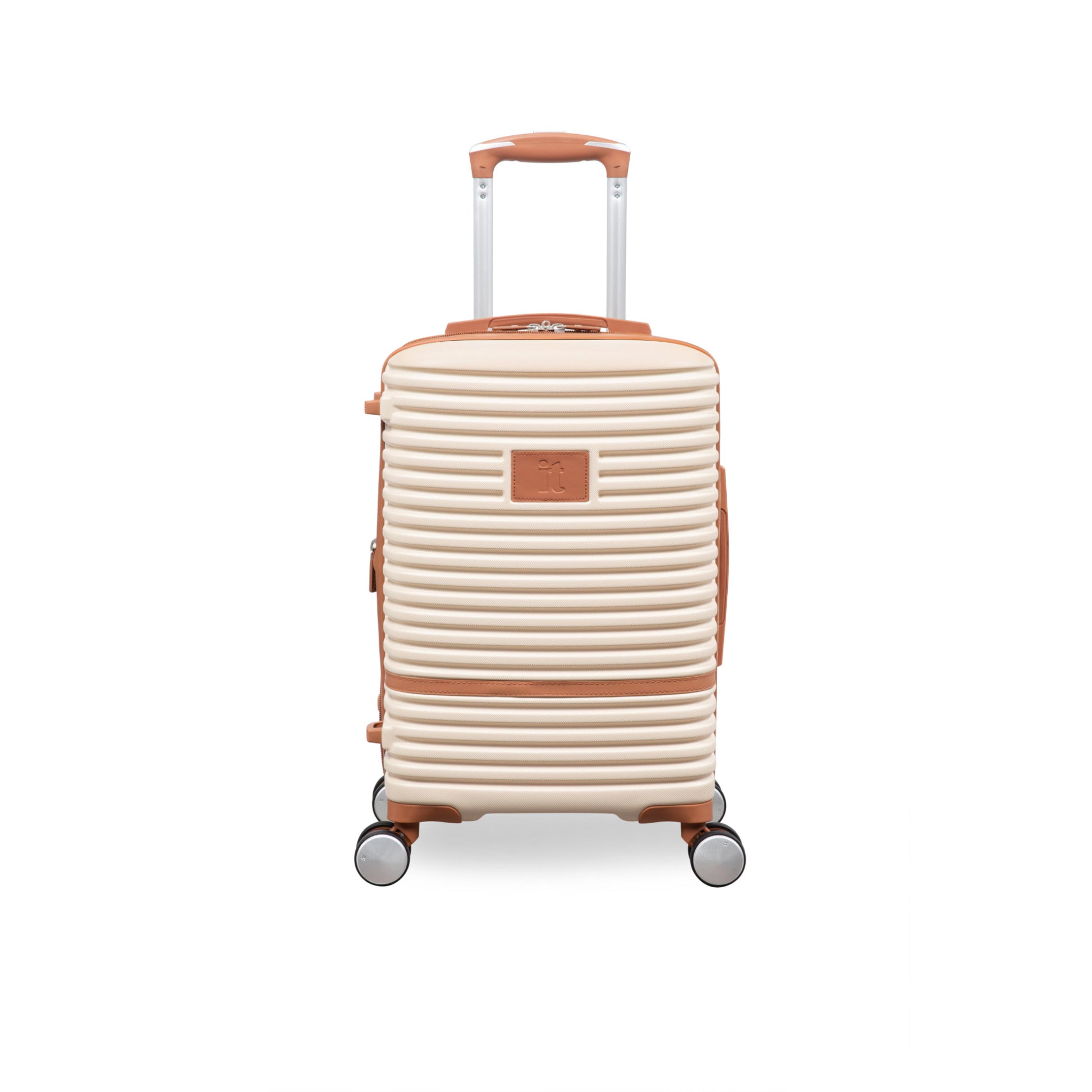 Beige suitcase with brown accents on a white background